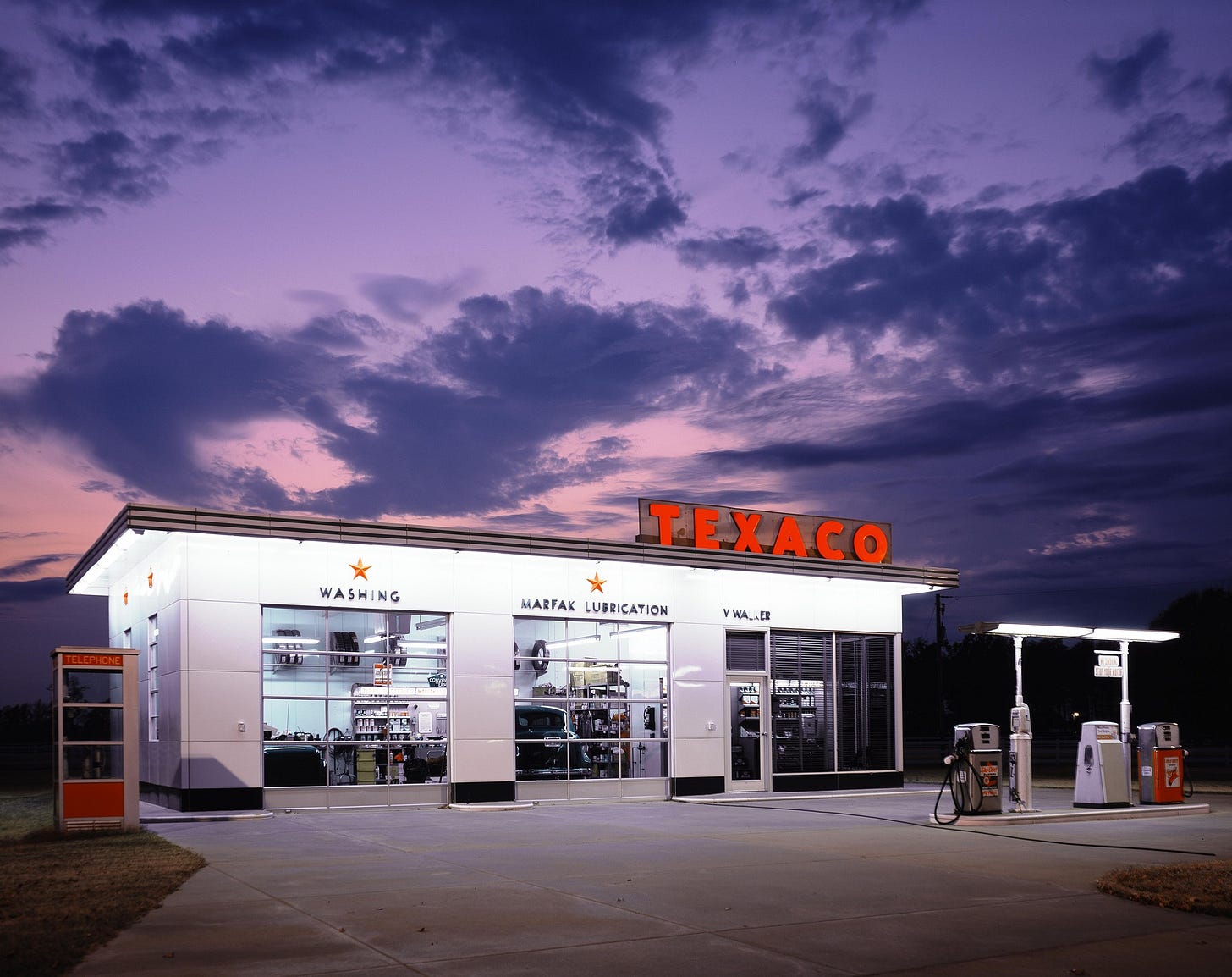 a petrol station at dusk