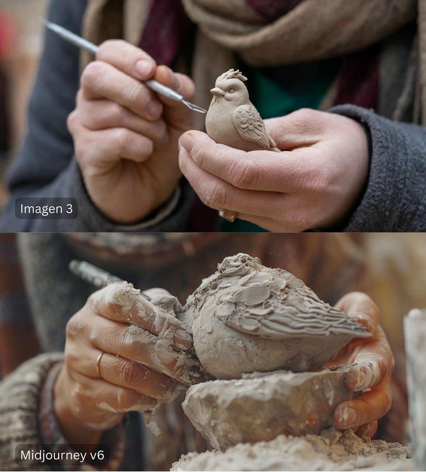 A view of a person’s hand as they hold a little clay figurine of a bird in their hand and sculpt it with a modeling tool in their other hand. You can see the sculptor’s scarf. Their hands are covered in clay dust. a macro DSLR image highlighting the texture and craftsmanship.