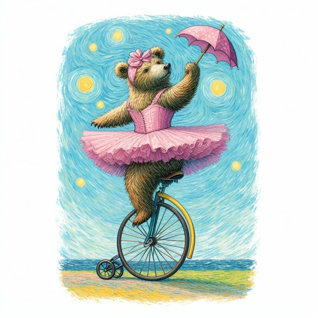 A bear in a pink tutu rides a unicycle.