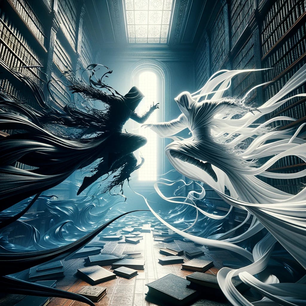 In a surreal, dimensional space within an ancient library, an epic confrontation takes place between two figures: one Assassin cloaked in the deepest black, symbolizing the void and mystery, and the other in pure white, representing light and clarity. They are caught in a moment of intense combat, their bodies seemingly morphing and twisting through space and time as they hurl towards each other. The scene is charged with dynamic energy, the air around them crackling with the power of their confrontation. This visual spectacle is set against the backdrop of the library, where the fabric of reality appears to bend, books and shelves caught in the distortion of their battle. The black Assassin moves with a shadow-like fluidity, while the white Assassin counters with strikes that seem to carve through the very air, both figures embodying the contrast between darkness and light, their combat a dance on the edge of reality.
