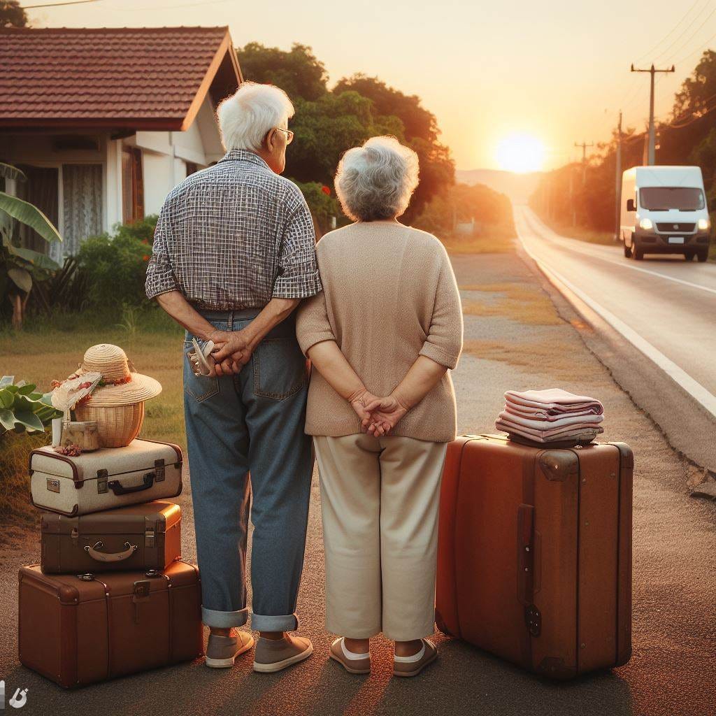 An elderly couple stand expectantly in front of their country cottage. They meager baggage and a few personal belongings are beside them. They are waiting, looking in the distance down the road, and see the moving van approaching against the sunset. 