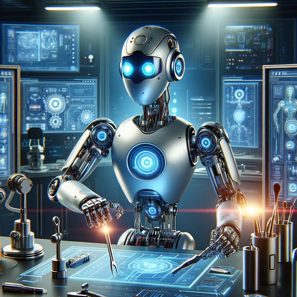 A futuristic AI robot in a lab setting, surrounded by various tools and gadgets. The robot has a sleek, metallic body with glowing blue lights, symbolizing advanced technology. It's manipulating a set of tools with its robotic arms, depicting it actively engaged in a task. The background is filled with high-tech screens and equipment, creating a sense of a cutting-edge scientific environment. The scene conveys a blend of artificial intelligence and practical tool usage.