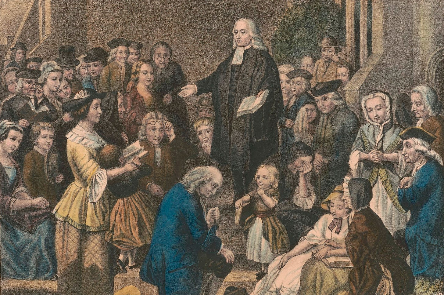 An old coloured picture of John Wesley preaching 