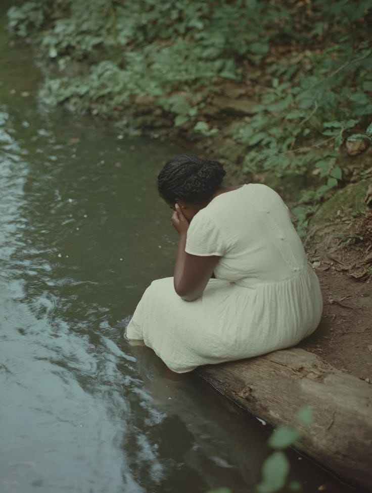 This may contain: a woman sitting on the edge of a body of water