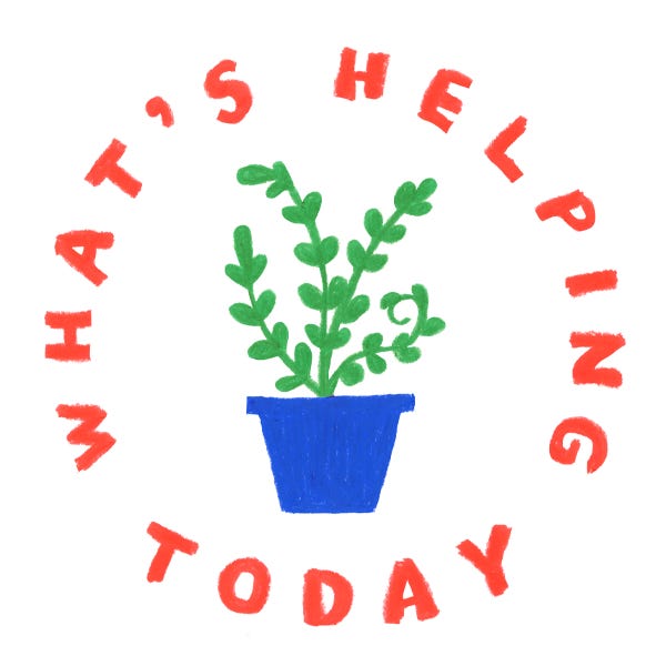 The What's Helping Today Logo, a cartoon fern in a blue pot, with red lettering