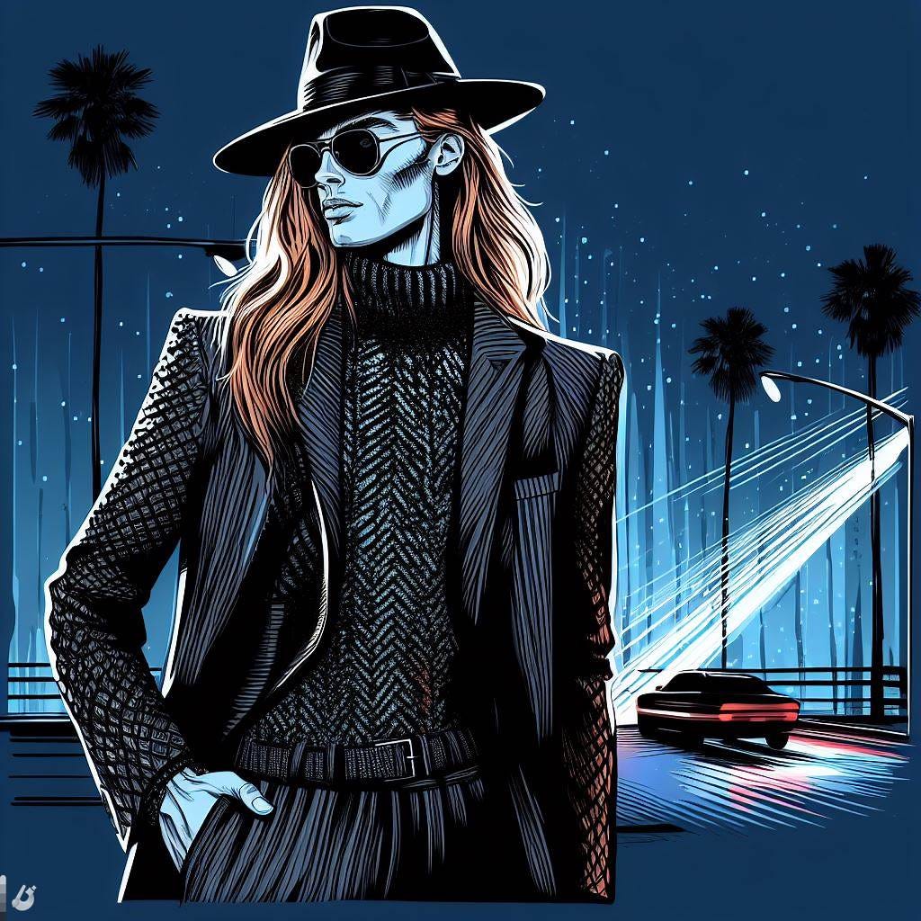 chic stylish illustration in the style of René Gruau of a thin and lithely muscular red-blonde long-haired man with an angular jawline and high cheekbones lit by headlights in the los feliz neighborhood of los angeles, the man is wearing movie star sunglasses an elegant tailored futuristic textured sharkskin suit a supple textured uniquely-knit turtleneck sweater with a wide-brimmed dark felt hat and sleek italian boots, blue blood falls like rain from the nighttime sky with 