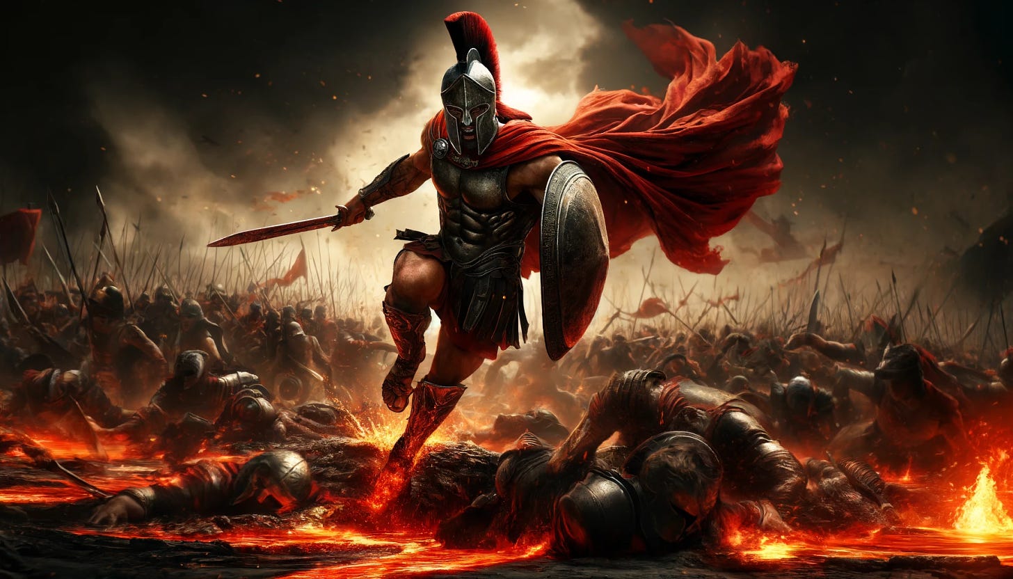 A fierce Spartan warrior, clad in traditional armor and a red cape, rushing through a chaotic battlefield filled with streams of flowing lava. The scene is intense, with the Spartan heroically slashing through hundreds of enemy soldiers. The enemies are falling around him, illustrating his unstoppable force and skill in combat. The sky is dark with smoke and ash, adding to the dramatic and apocalyptic atmosphere of the scene.