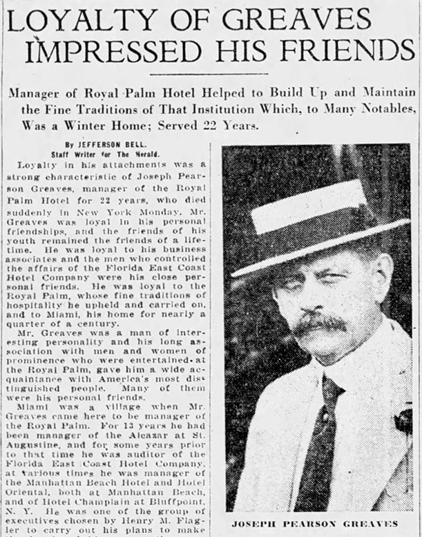 Article announcing the passing of Joseph Greaves in the Miami Herald on July 4, 1928