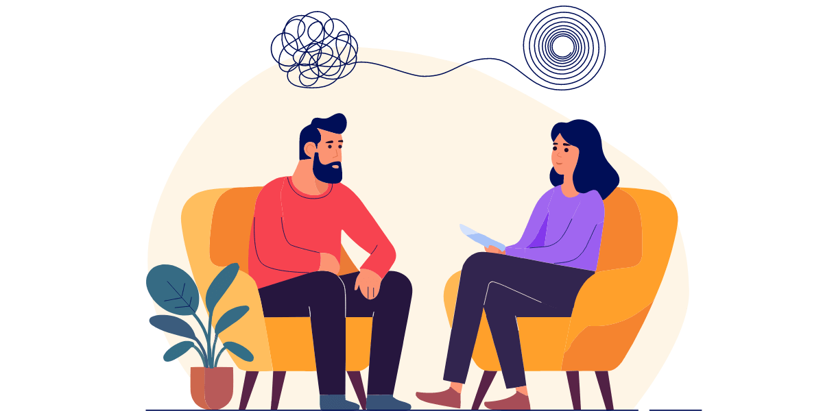 Drawing of a therapist and a bearded man sitting face to face in chairs, doing therapy. Above the man's head is a tangled line. A thread emerges and extends to over the therapist's head, where it ends up in a neat spiral. The image symbolizes the therapist bringing order to a person's tangled thoughts.