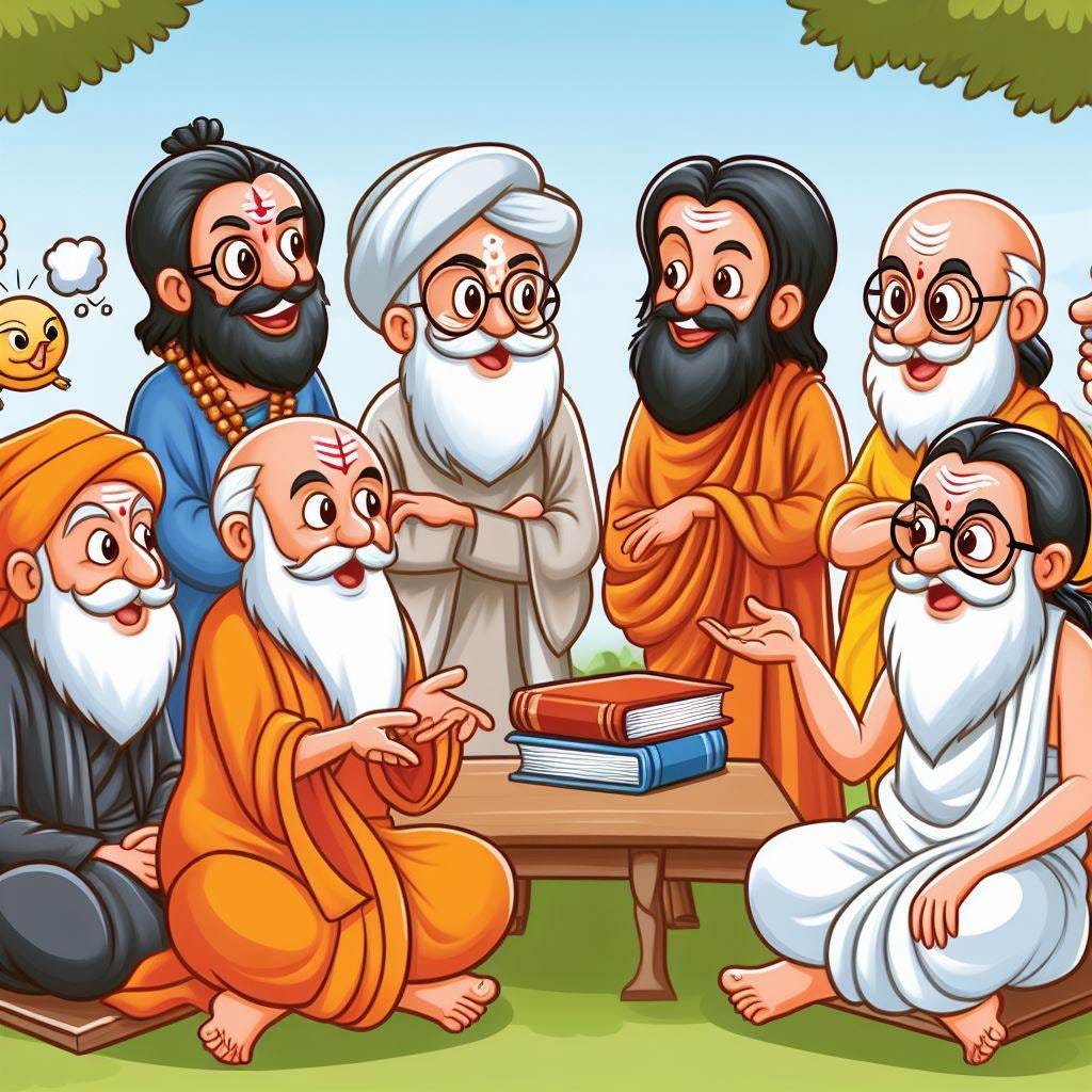 A cartoon of Hindu theologians in friendly disputation