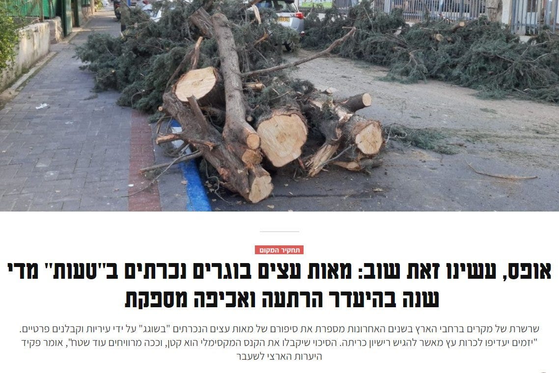 6/
In the last few years, across Israel, trees are systematically being torn, some of them are 100 years old, and yet the Ministry of Environmental Protection has done NOTHING to stop it. 

In 2020, about 230,000 mature trees were cut down in Israel!!!!

 
