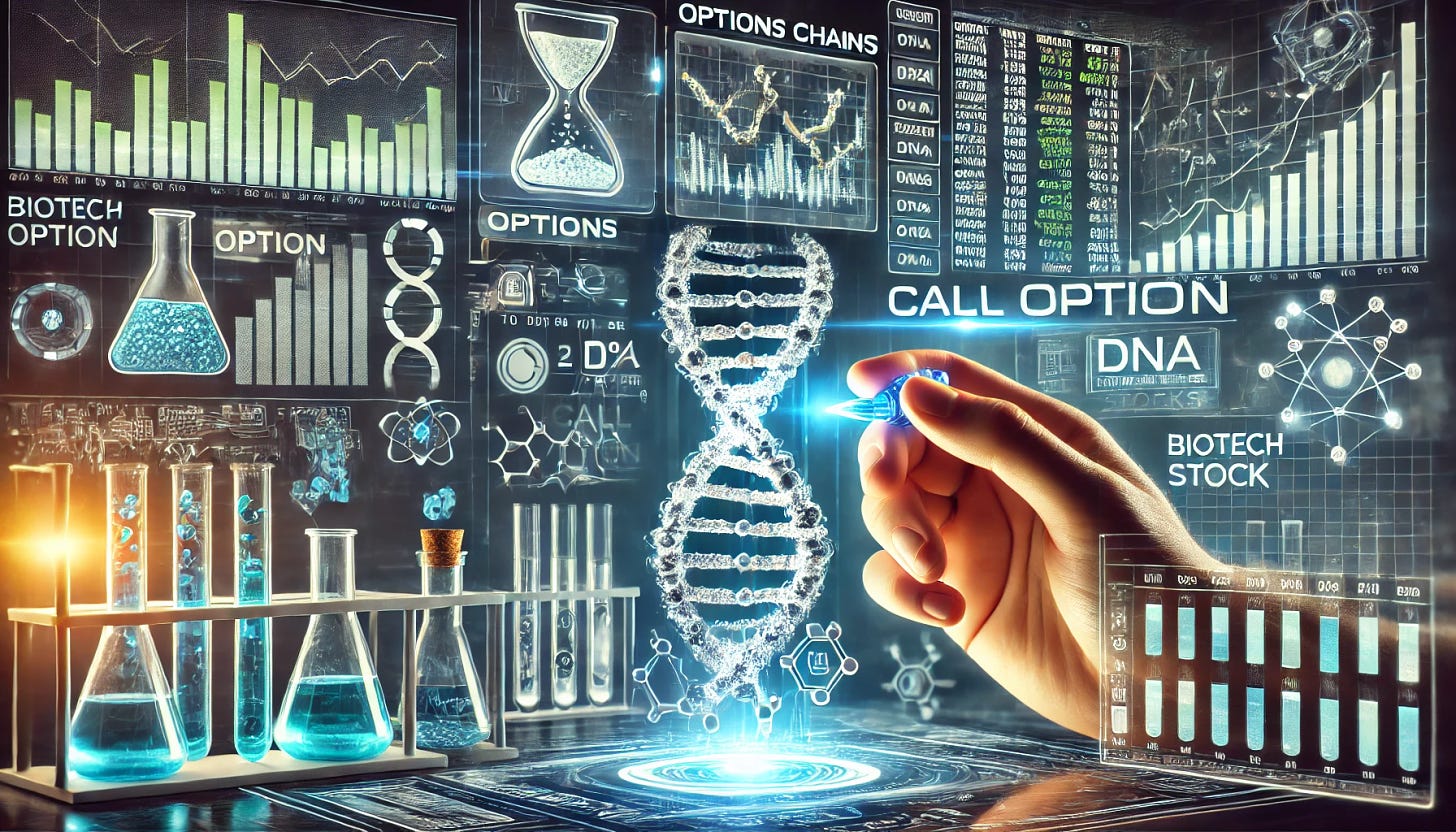 A detailed image illustrating the concept of using options to bet on biotech stocks. The image shows a high-tech lab with glowing screens displaying stock charts, options chains, and DNA sequences. In the foreground, a hand is holding a call option contract with a biotech stock ticker symbol. The lab environment has elements like test tubes, microscopes, and a double helix DNA model. The background includes graphs and charts indicating the volatility and potential growth of biotech stocks. The image has a futuristic, sleek design, with a focus on financial and scientific elements.