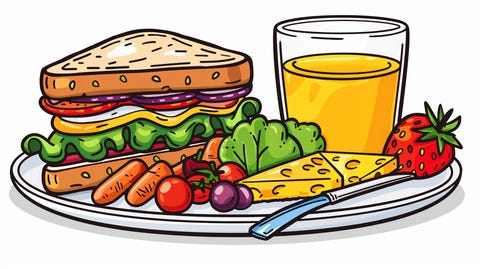 A vibrant clipart image of a picnic lunch spread on a tray. The spread includes a large sandwich, carrots, a glass of juice, cheese, and a few tomatos.