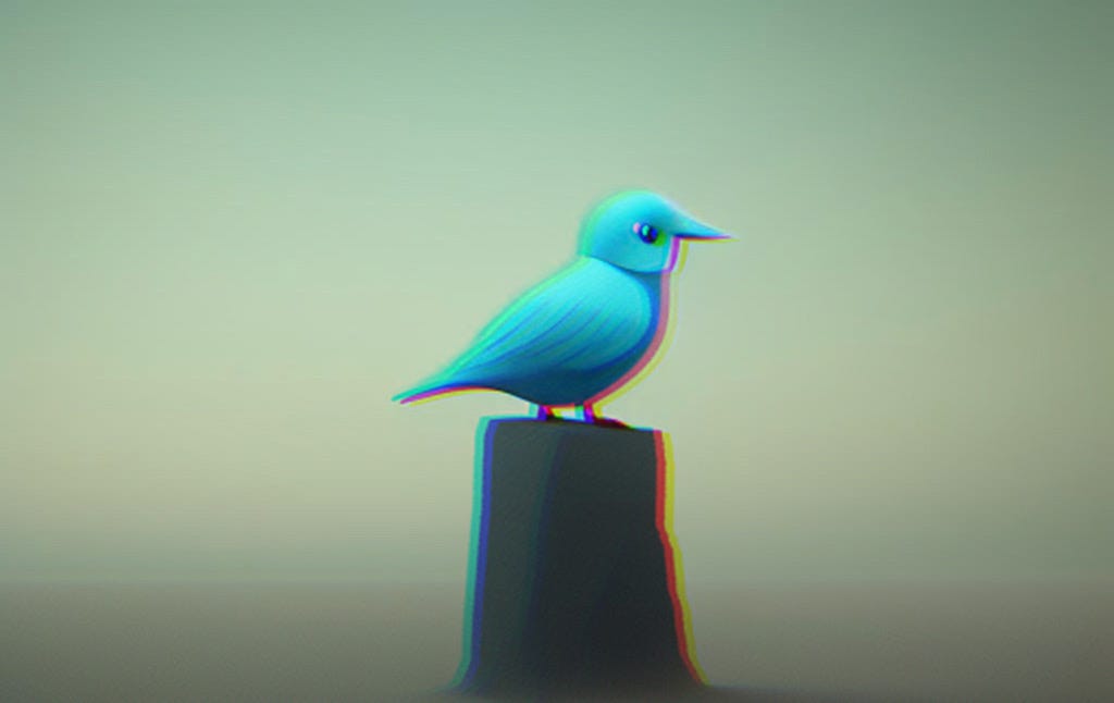 Illustration of a blue bird, sitting on top of a tree stump.