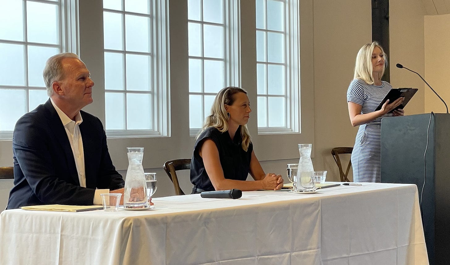 Former San Diego Mayor Kevin Faulconer, left, and San Diego County Supervisor Terra Lawson-Remer, middle, listen as Coast News reporter and moderator Claire Strong opens the District 3 candidate’s forum on Monday at the Carlsbad Windmill. Steve Puterski photo