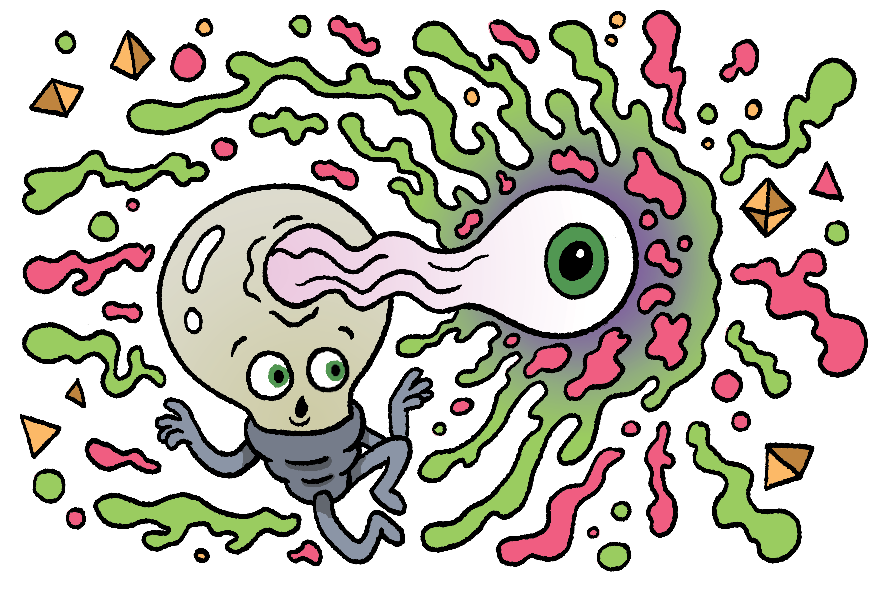 anthropomorphised lightbulb character with three eyes. his third eye is being sucked out of his head towards some kind of psychedelic vortex.