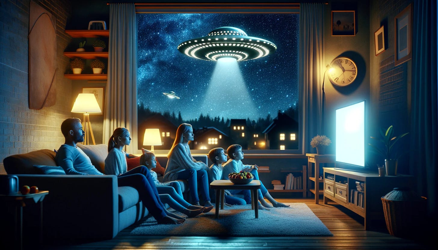 A cozy family living room scene at night, with a large window revealing a star-filled sky. Outside the window, a clearly visible UFO, featuring glowing lights and a metallic surface, hovers silently. Inside, a nuclear family, all of Caucasian descent, is engrossed in watching a TV show. The family includes a father, a mother, a teenage daughter, and a younger son, all sitting together on a comfortable sofa, completely oblivious to the UFO outside. The room is warmly lit, showcasing a homey atmosphere with a coffee table, a few snacks, and a lamp.