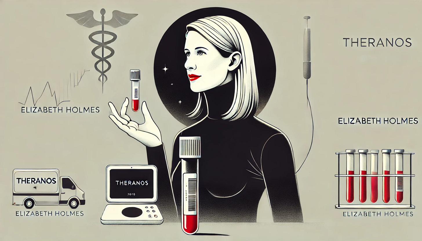 A conceptual and minimalistic illustration of Elizabeth Holmes and the Theranos scheme. Depict Elizabeth Holmes with her iconic black turtleneck, holding a small blood vial, symbolizing her promise of revolutionary blood testing. In the background, show a sleek but deceptive medical device emitting a false aura of innovation. The image should convey a sense of ambition and fraud, with a clean, modern design.