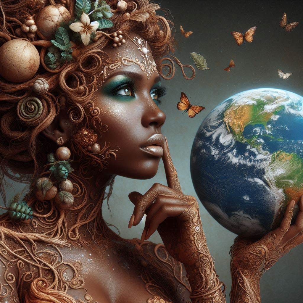 Gaia Goddess with brown skin looking at Earth and thinking