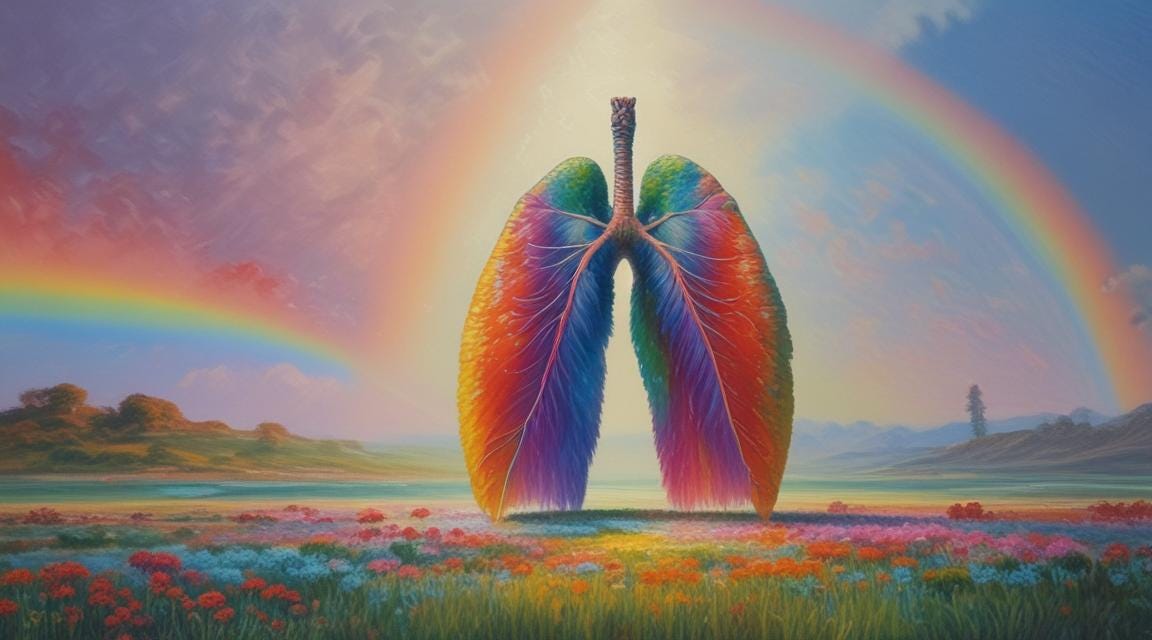 Rainbow colored anatomical lungs in a meadow with rainbows AI Image