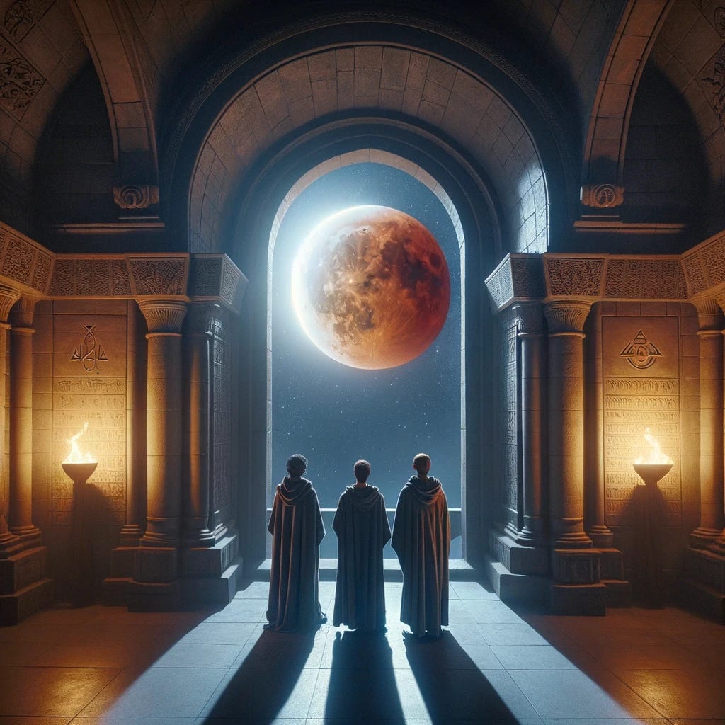 Three people in grey robes standing inside a dimly lit temple, looking out of a large, arched window at a reddish lunar eclipse. The temple interior is adorned with ancient symbols and faintly illuminated by torches on the walls. The moon casts a subtle glow on the faces of the observers, highlighting their expressions of awe and reverence. The night sky outside is clear, with stars visible around the eclipsed moon, adding to the mystical atmosphere of the scene.