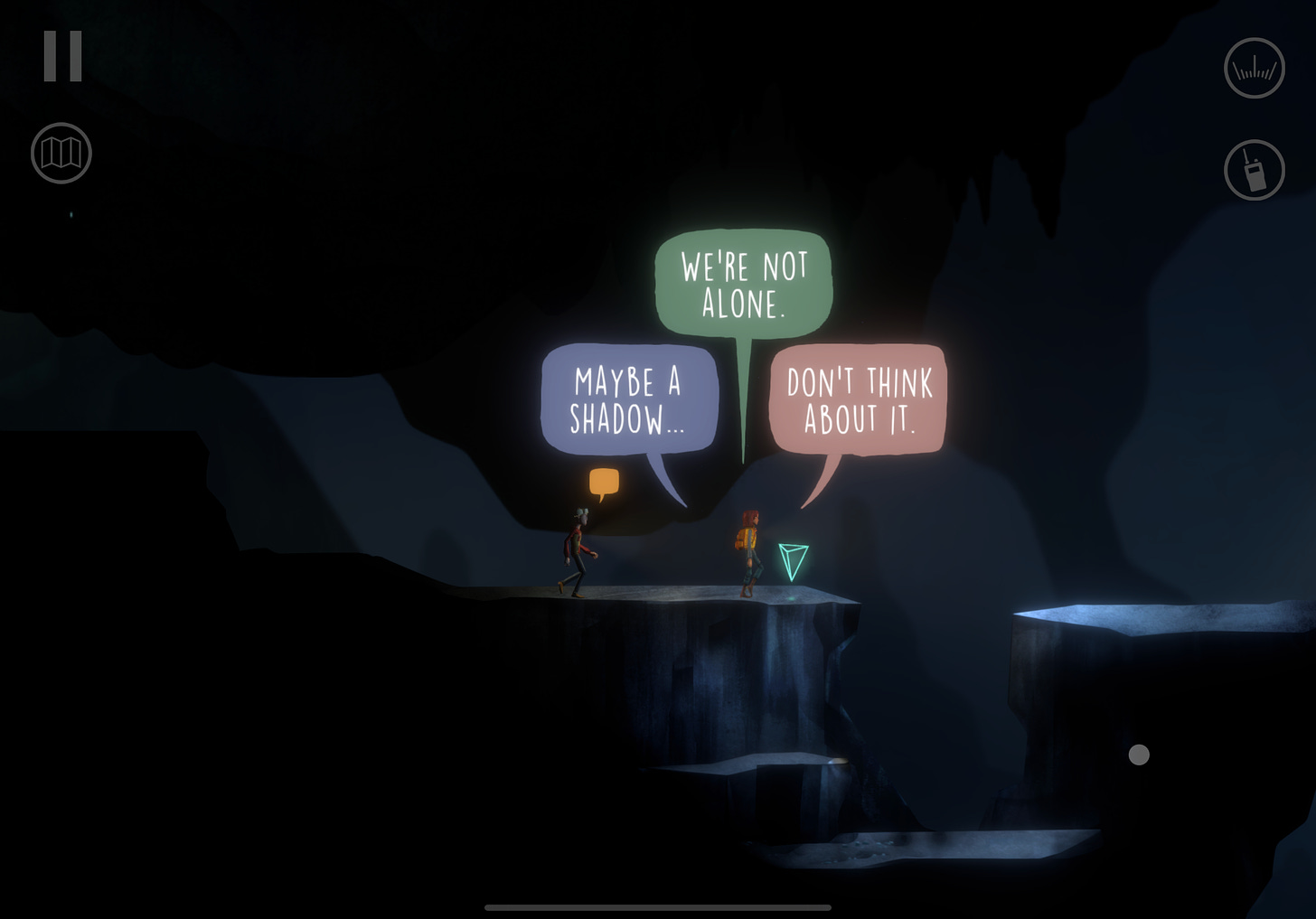 Two characters in caves. Three speech bubbles: "Maybe a shadow", "We're not alone", "Don't think about it"