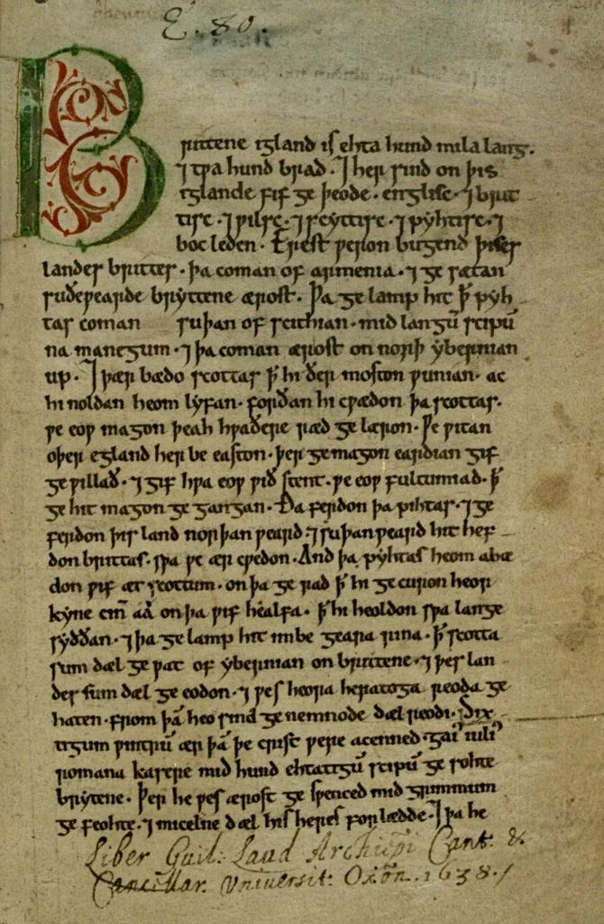 Initial page of the Peterborough Chronicle, one of the four extant versions of the Anglo-Saxon Chronicle.