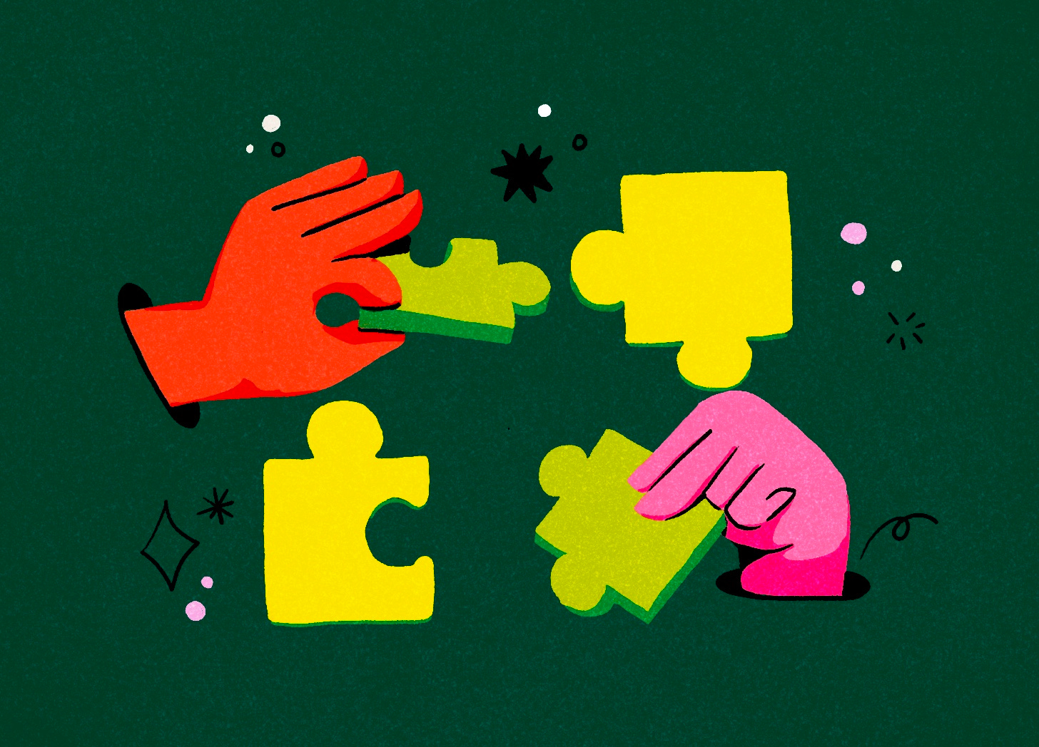 An illustration of a two hands and each is holding puzzle piece.