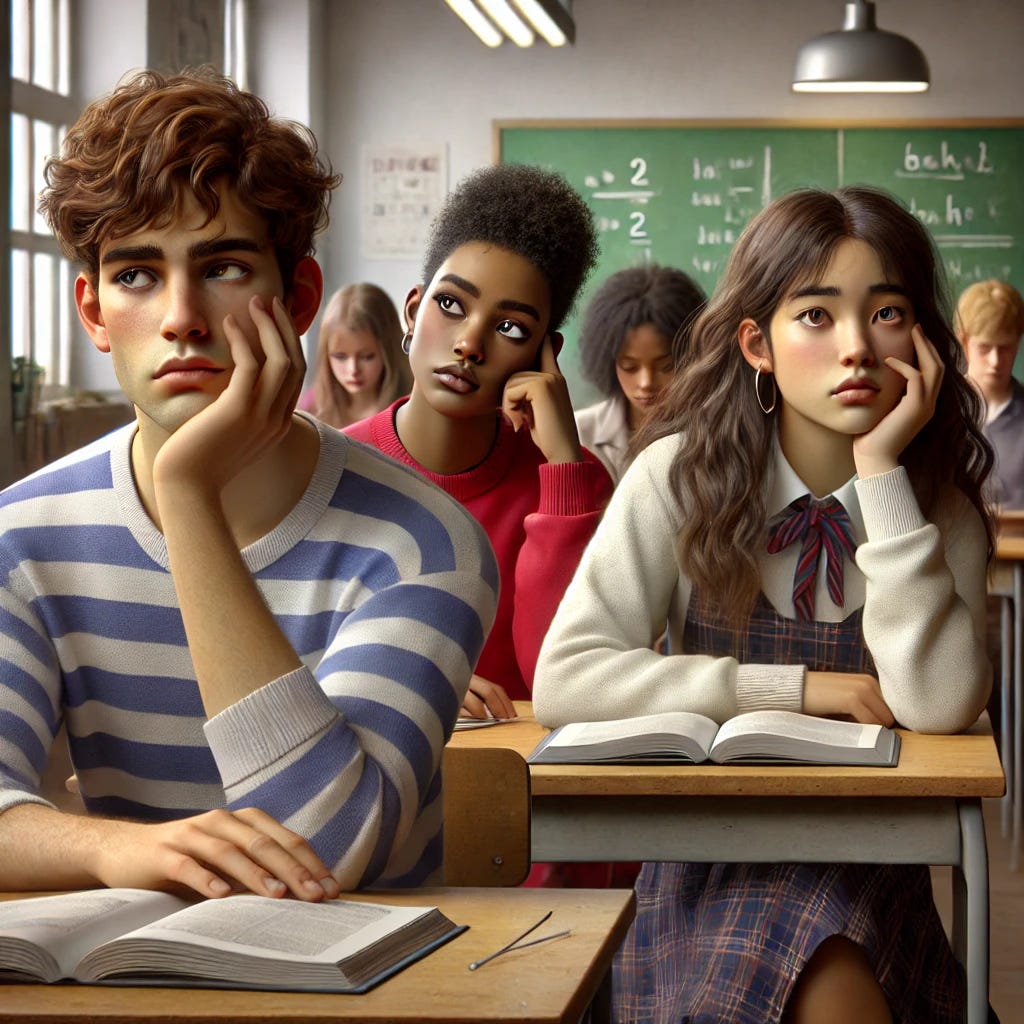 A realistic scene with three teenage students of different races in a classroom setting. The first student, a boy, appears bored, leaning his head on his hand and staring into the distance. The second student, a girl, looks confused and lost, with her eyebrows raised and looking at her textbook. The third student, another girl, seems distracted, gazing away from her books and looking outside the window. The classroom background shows desks, chairs, and a chalkboard with some basic equations or notes. Each student has their own unique appearance and expression, capturing their individual emotions.