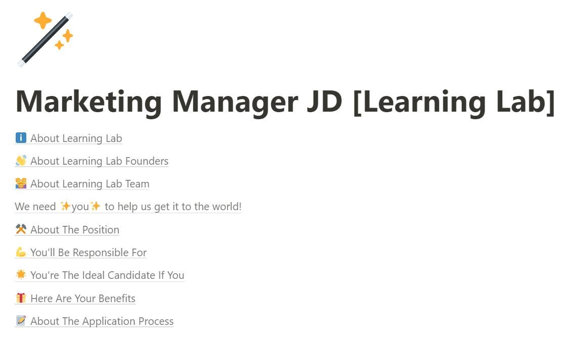 May be a graphic of text that says "About Learning Lab About Learning Lab Founders Marketing Manager JD [Learning Lab] About Learning Lab Team We need you to help us get About The Position to the world! You'l Be Responsible For You're The Ideal Candidate If You Here Are Your Benefits About The Application Process"