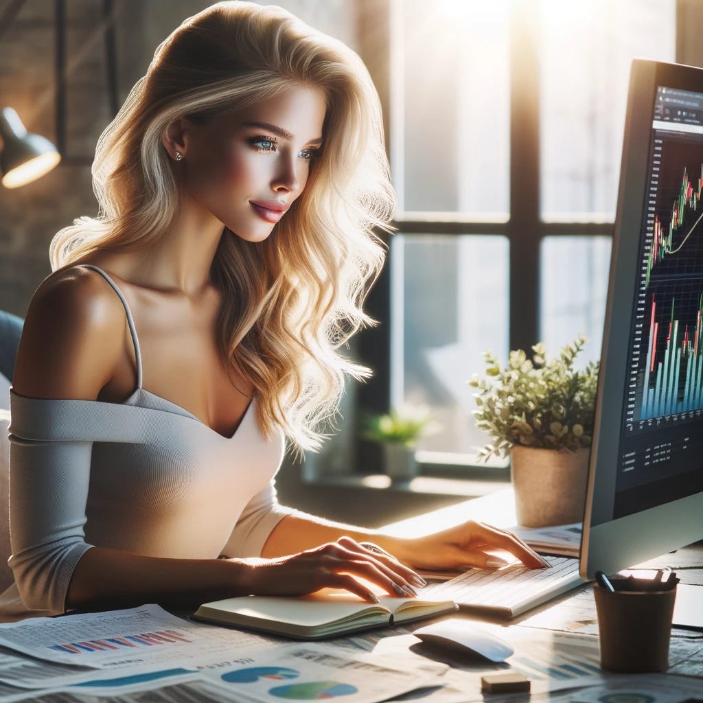 A serene scene of a pretty blonde woman sitting at her well-organized desk, illuminated by soft natural light from a nearby window. She is focused intently on her computer screen, which displays colorful graphs and stock market trends. Her expression is one of concentration and determination, with a hint of optimism. She has a notebook open beside her, filled with handwritten notes and calculations. Around her, financial newspapers and magazines are spread out, but in an orderly fashion, showing her methodical approach to research. The room is modern and stylish, with a few indoor plants adding a touch of greenery and vitality.