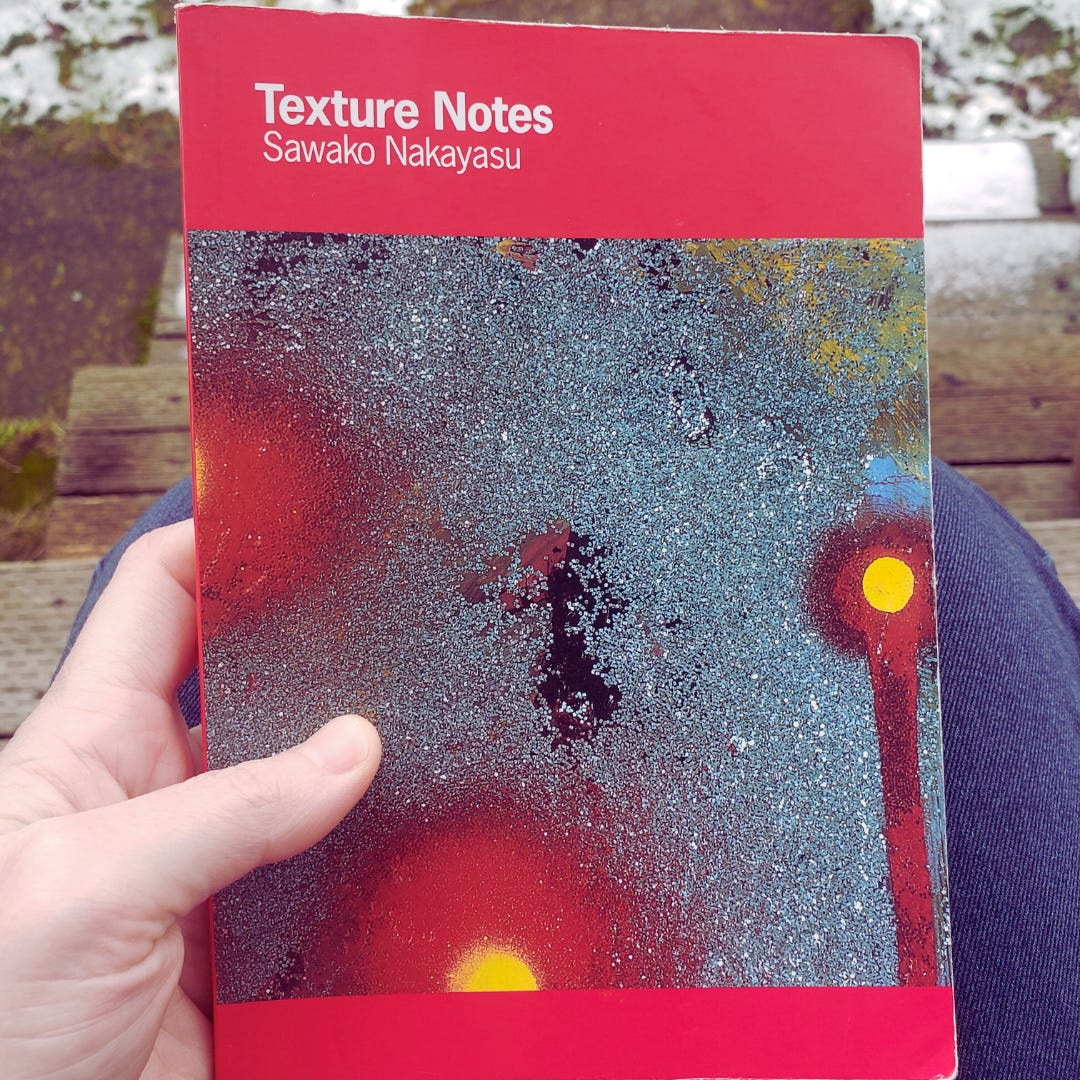 Sarah's hand holds a copy of Texture Notes, by Sawako Nakayasu, over her lap.