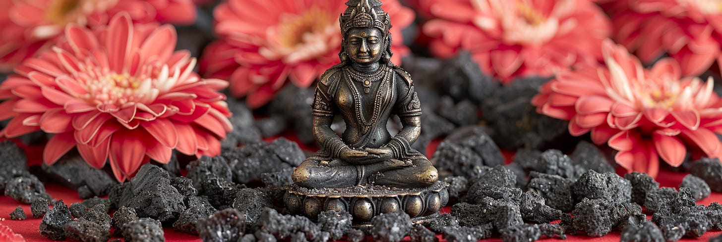 This is a still life photograph that features a bronze Buddha statue in the center, seated in a classic meditative pose on a lotus pedestal. The statue is surrounded by dark, porous stones that create a textured foreground. The background is a vibrant red with several bright coral-colored dahlia flowers in full bloom, adding a contrast in both color and texture to the composition. The use of color, focus, and composition in the photograph evokes a sense of tranquility and contemplation.