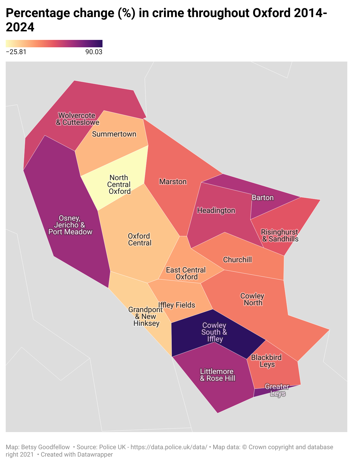 A choropleth map showing the percentage change in crimes in each MSOA in Oxford between 2014 and 2024
