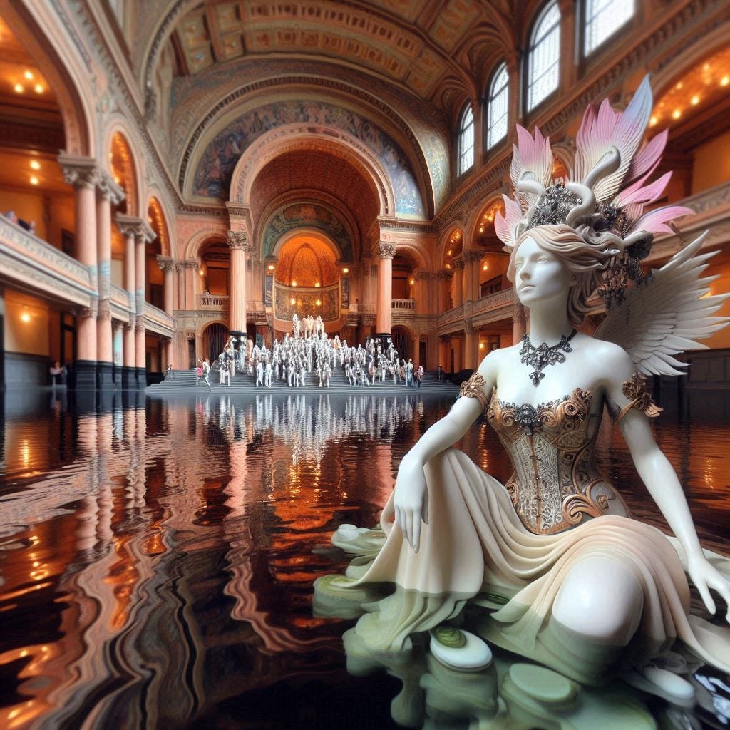 hyper realistic tiltshift 4d angle glass embedded Altgeld hall building/ black,coral orange, pink, cream, olive/ woman inside Altgeld hall in olive,chartrues,midnightblue, white Victorian bust / drewhite feather scarf/ psychadelic steampunk headress/she is sitting on a unicorn. water in resin/ honey-wood and copper/ Marquetry, verdigris./ standing on stage/ people dancing in distance/ In the style of Michael Parkes. black etching/ black linework/ white tiger / black sky 