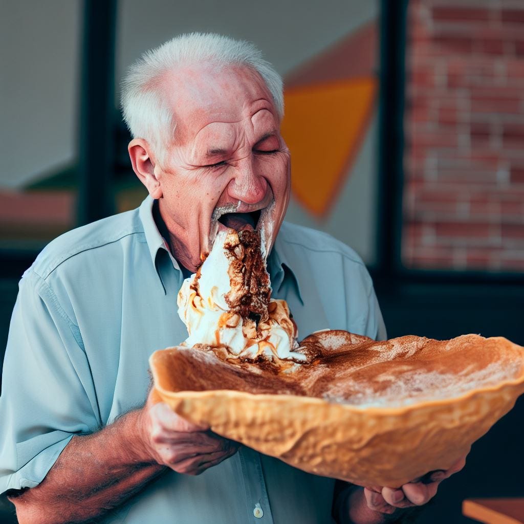 An old man eating a giant taco full of ice cream