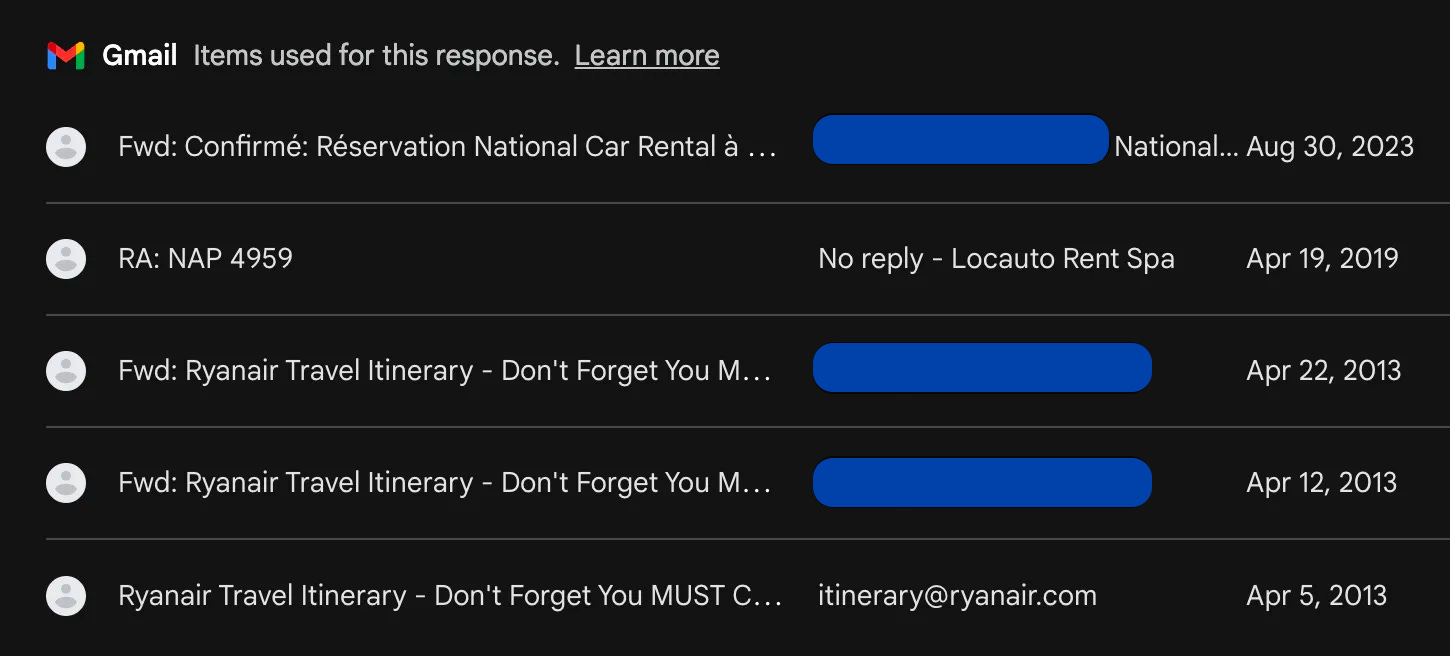 Bard UI showing five emails used to generate the query response