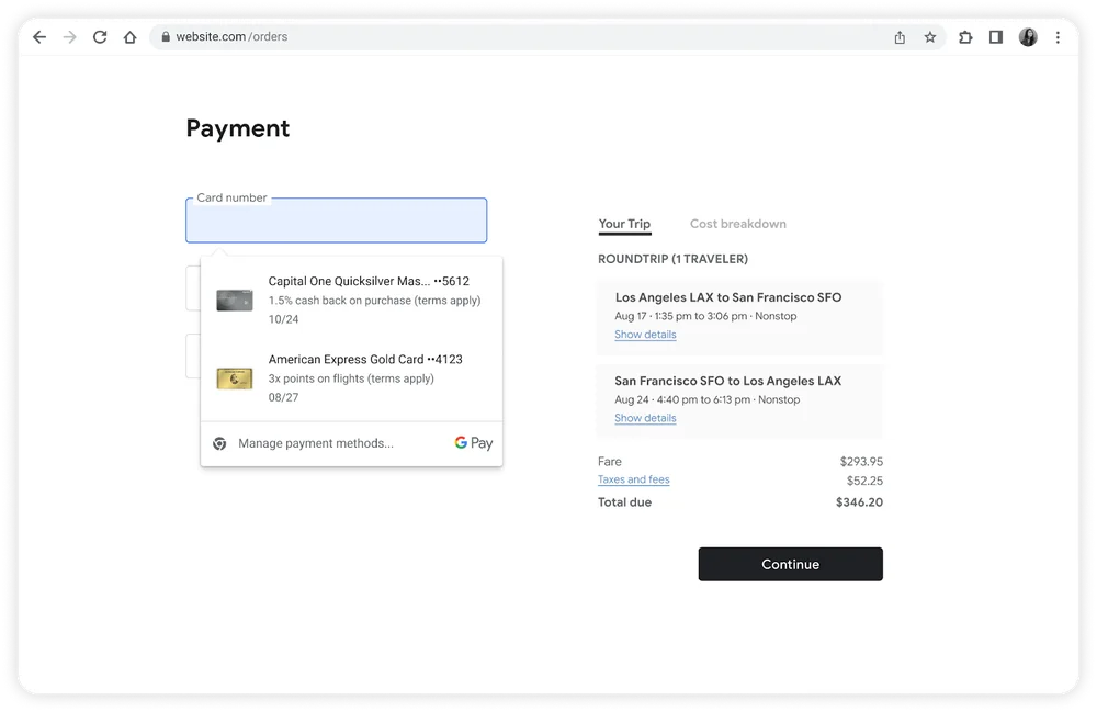 An online checkout screen shows two different credit card options, and the respective card benefits for each.