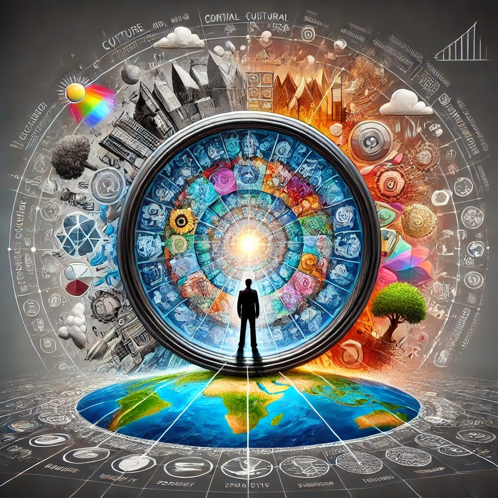 A reimagined visual representation of a worldview, showing a person standing in front of a large, complex and multifaceted lens. The lens is divided into different colored sections, symbolizing various components like beliefs, values, biases, and experiences. The lens distorts the surrounding world, which features icons of culture, nature, society, and abstract shapes for life events. Some areas of the lens magnify parts of the scene, while others blur or obscure details, emphasizing how subjective interpretation shapes the person's view. Connections to social, cultural, and personal influences subtly radiate from the person and interact with the lens.