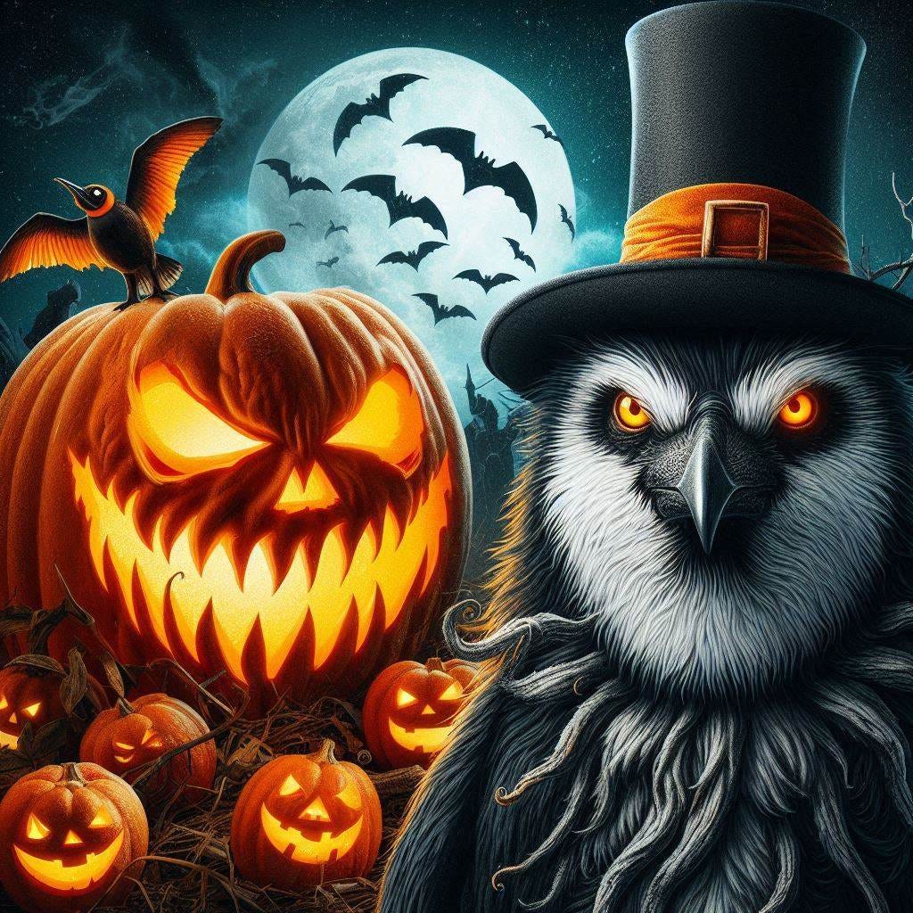 scary werewolf penguin and demonic jackolantern