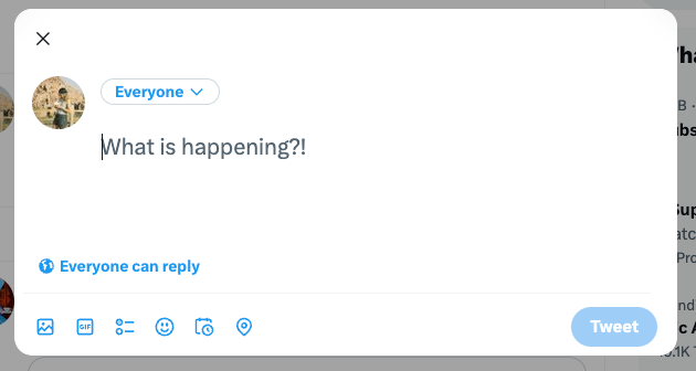 Recent screenshot of the Twitter prompt that says "What is happening?!"