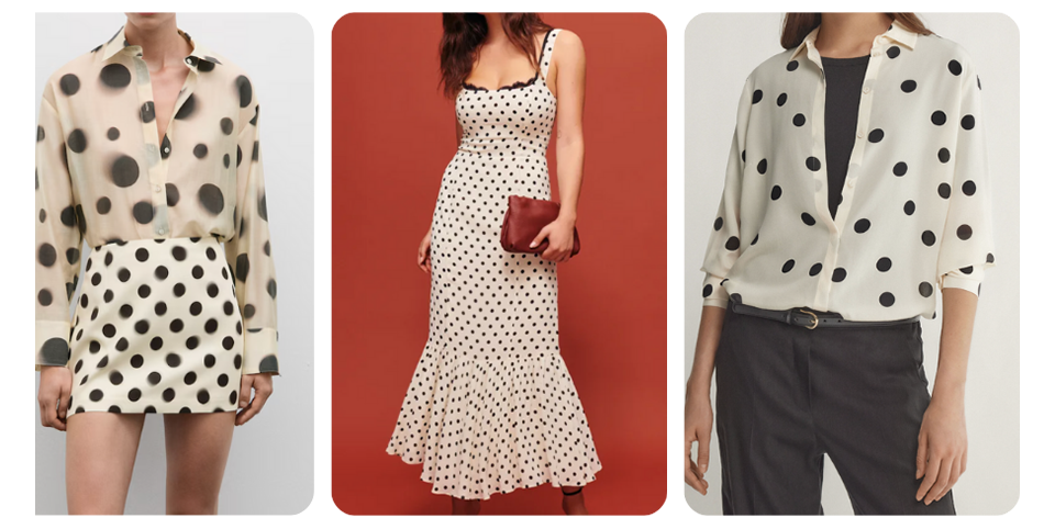 Images of polka dots on mini skirts, dresses and blouses.