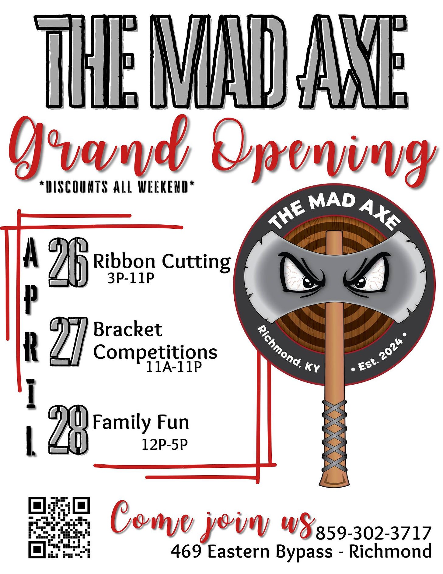 May be an image of text that says 'THE MAD AXE grand Opening *DISCOUNTS ALL WEEKEND* THE MAD AXE A 26 Ribbon Cutting 3P-11P 27 Bracket Competitions 11A-11P Richmond neлρoχa KY •Est.2024* Est. Est.2024 Est.2024 2024 28 Family Fun 12P-5P Come join ws 859-302-3717 469 Eastern Bypass- Richmond'