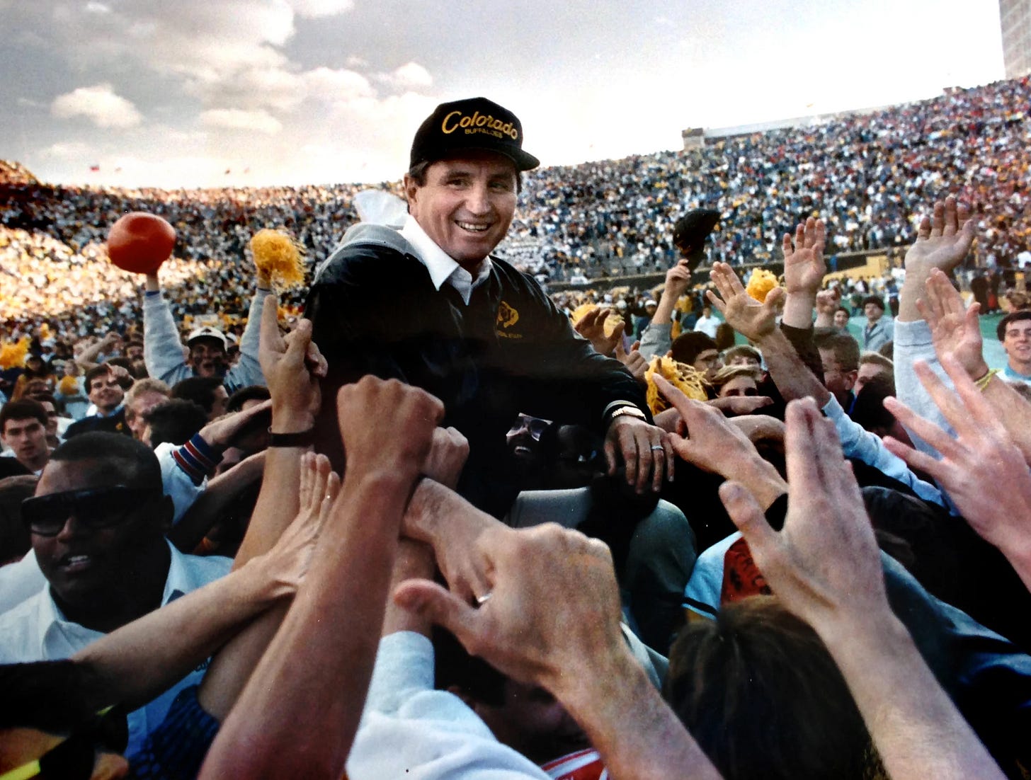 University of Colorado Head Football Coach Bill McCartney is carried off the field after a win against Nebraska in the 1989 season.(Photo by Cliff Grassmick/Digital First Media/Boulder Daily Camera via Getty Images)