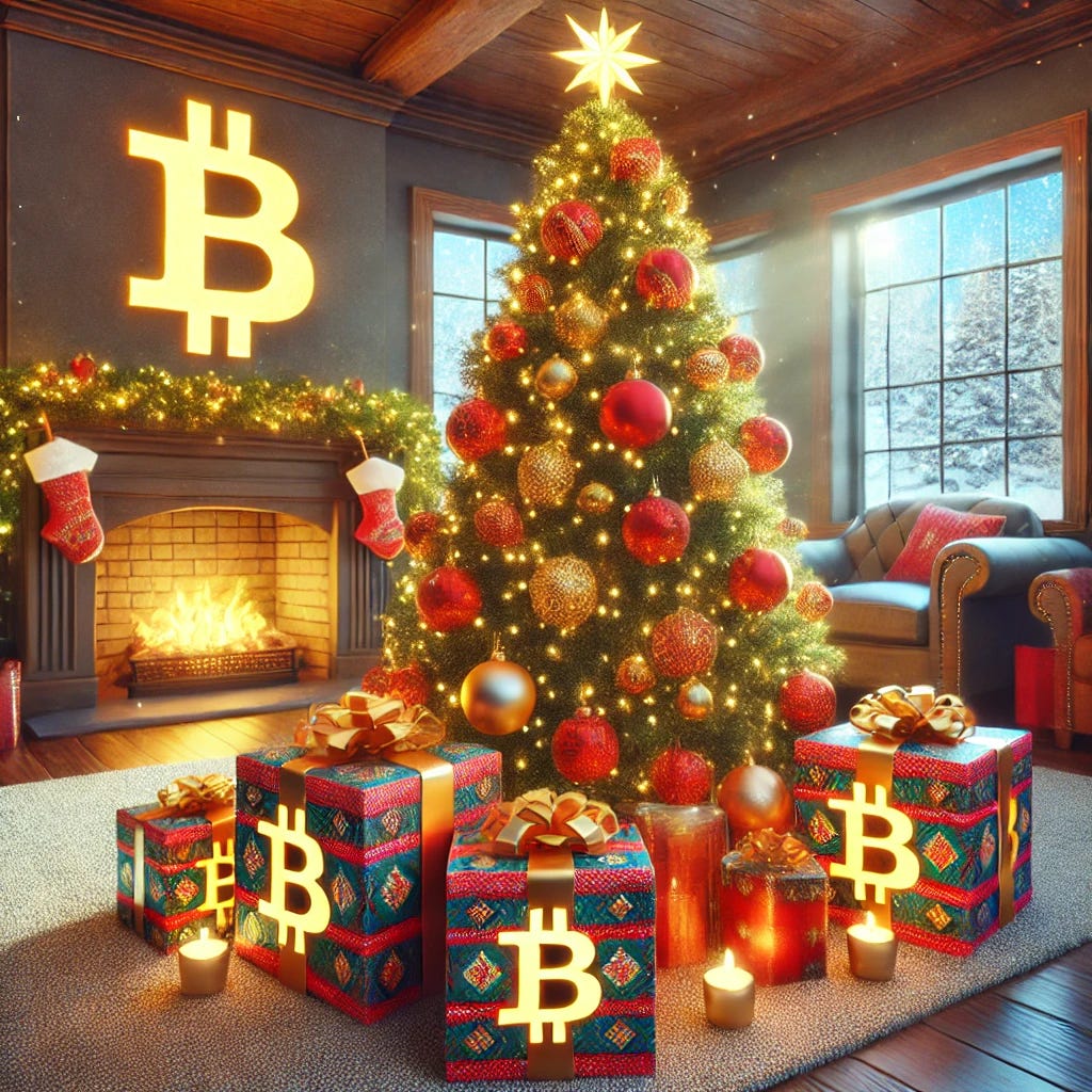 A photo-realistic image of a Christmas tree in a cozy living room setting. The tree is adorned with golden and red ornaments, twinkling fairy lights, and a shimmering star at the top. Underneath the tree, there are several beautifully wrapped gift boxes in vibrant holiday-themed paper. Each box features a Bitcoin logo prominently on the surface, creating a festive yet modern Bitcoin-themed Christmas vibe. The room has a warm glow with a fireplace in the background and a soft carpet under the tree. Snow is gently falling outside a window visible in the scene.