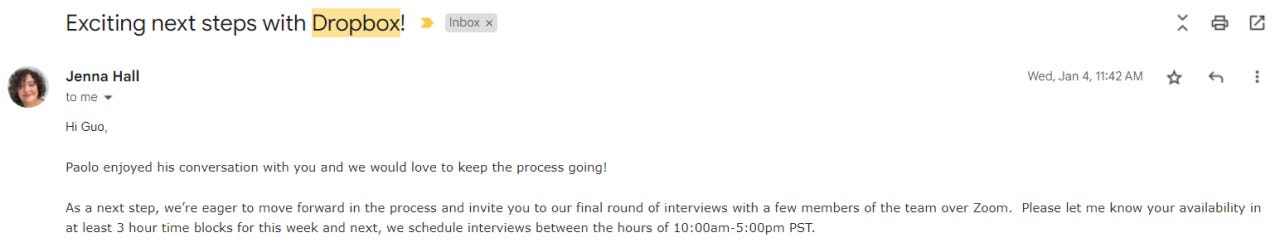 Email from recruiter informing me that I will enter the final round