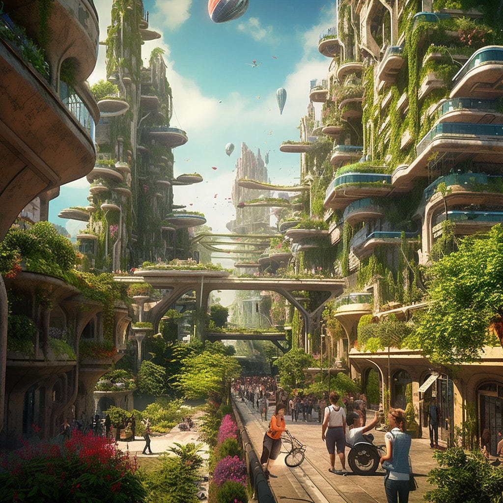 **IMAGE_TYPE: Concept Art | STYLE: Solarpunk | CONCEPT: A bustling cityscape teeming with greenery and powered by the sun. Skyscrapers are adorned with lush vertical gardens and solar panels. People move about on eco-friendly transport, embodying a harmonious blend of technology and nature. | ACTORS: City Inhabitants | LOCATION TYPE: Solarpunk City | SPECIAL EFFECTS: Vertical Gardens, Solar Panels | TAGS: solarpunk, green city, renewable energy –ar 16:9 --q 2 --s 250 --v 5.1 --style raw** - Image #1 <@900468724690210907>