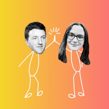 Coral and yellow gradient background with Mel and Ben stick people high-fiving 