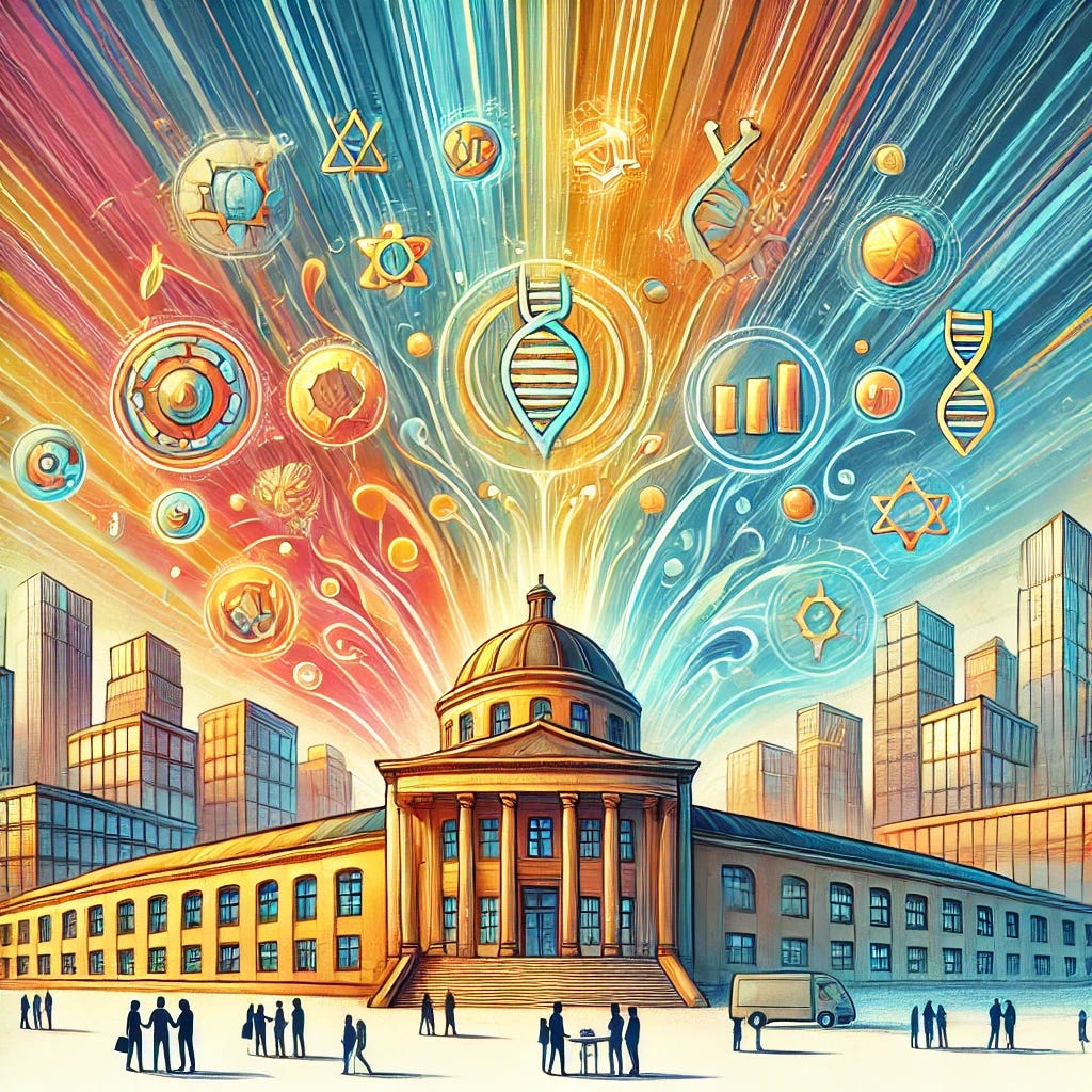 A vibrant illustration of a university at the center of a cityscape, depicted as an open and welcoming academic building with beams of colorful light and swirling energy emanating from it. The energy flows outward, connecting to the surrounding city skyline, symbolizing the dissemination of knowledge and intellectual public goods. Small icons, such as a DNA helix, a globe, a microscope, and mathematical symbols, are subtly embedded within the beams. The color palette includes vibrant yellows, oranges, and pastel gradients for the beams of light, with the university in a neutral tone and the city in soft blues and grays. Diverse silhouettes of people interact near the university, symbolizing collaboration and community.