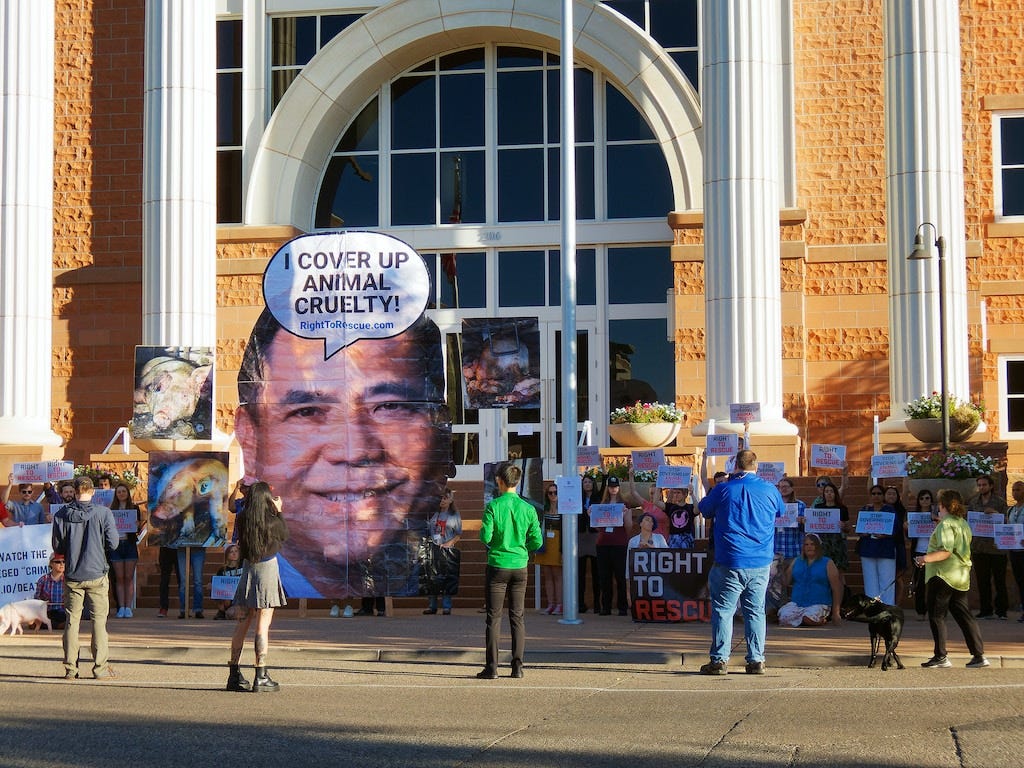 Protesters demonstrate outside the court during Wayne Hsiung and Paul Picklesimer's trial.